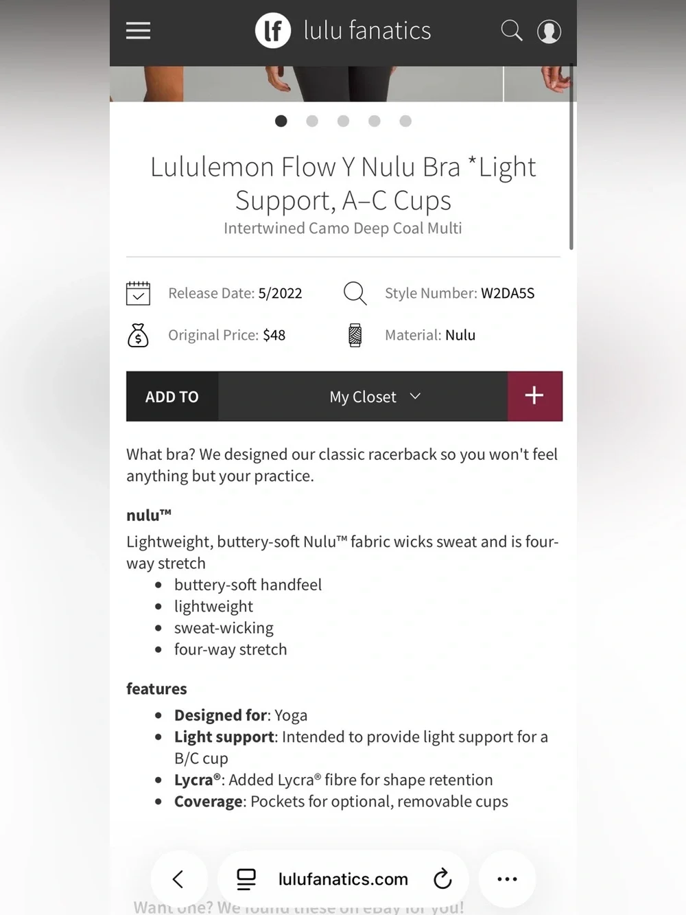 Lululemon Flow Y Nulu Bra Light Support, Intertwined Camo Deep Coal Multi 10 EUC